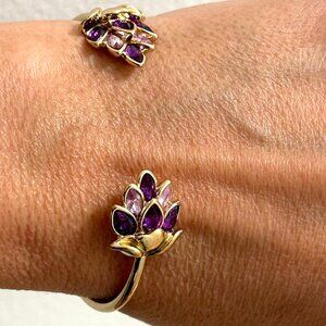 Designer Purple Lavender Crystal Rhinestone Lotus Flower Cuff Bracelet Gold Tone